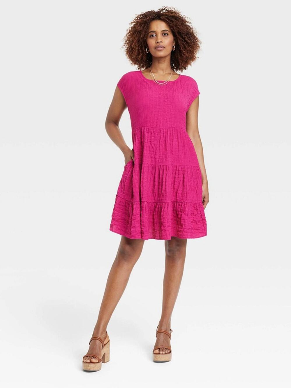 Knox Rose Mini Dress Pink Round Neck Tiered Short Cap Sleeve Sz S Women's